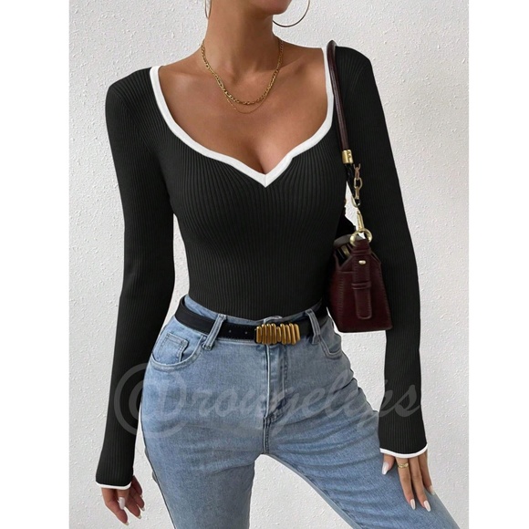 Black Rib Knit Sweetheart Contrast White Trim Long Sleeve Fitted Sweater Top - Picture 5 of 16